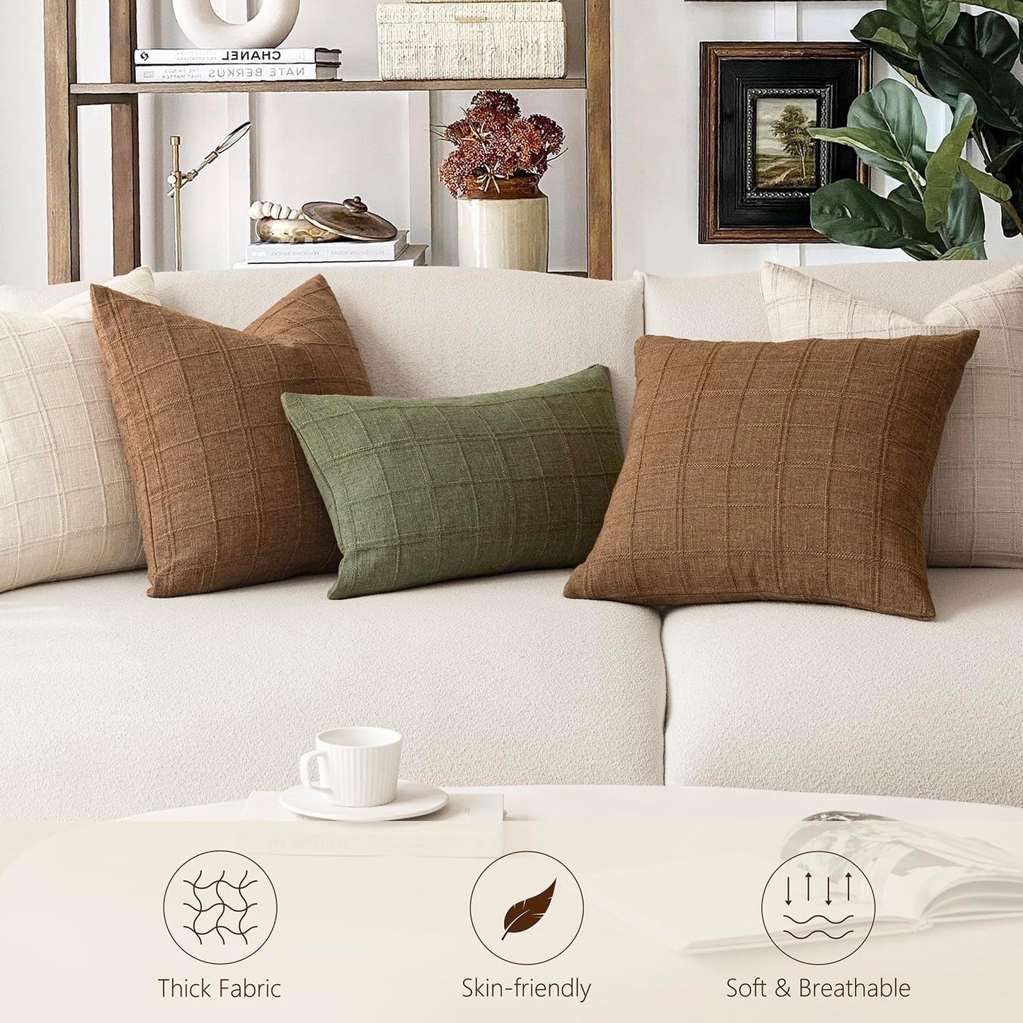 Foindtower Set of 2 Decorative Linen Check Throw Pillow Covers Neutral Farmhouse Vintage Cushion Covers Modern Boho Home Decor for Sofa Chair Couch Bedroom Living Room,18×18 Inch,Natural Beige