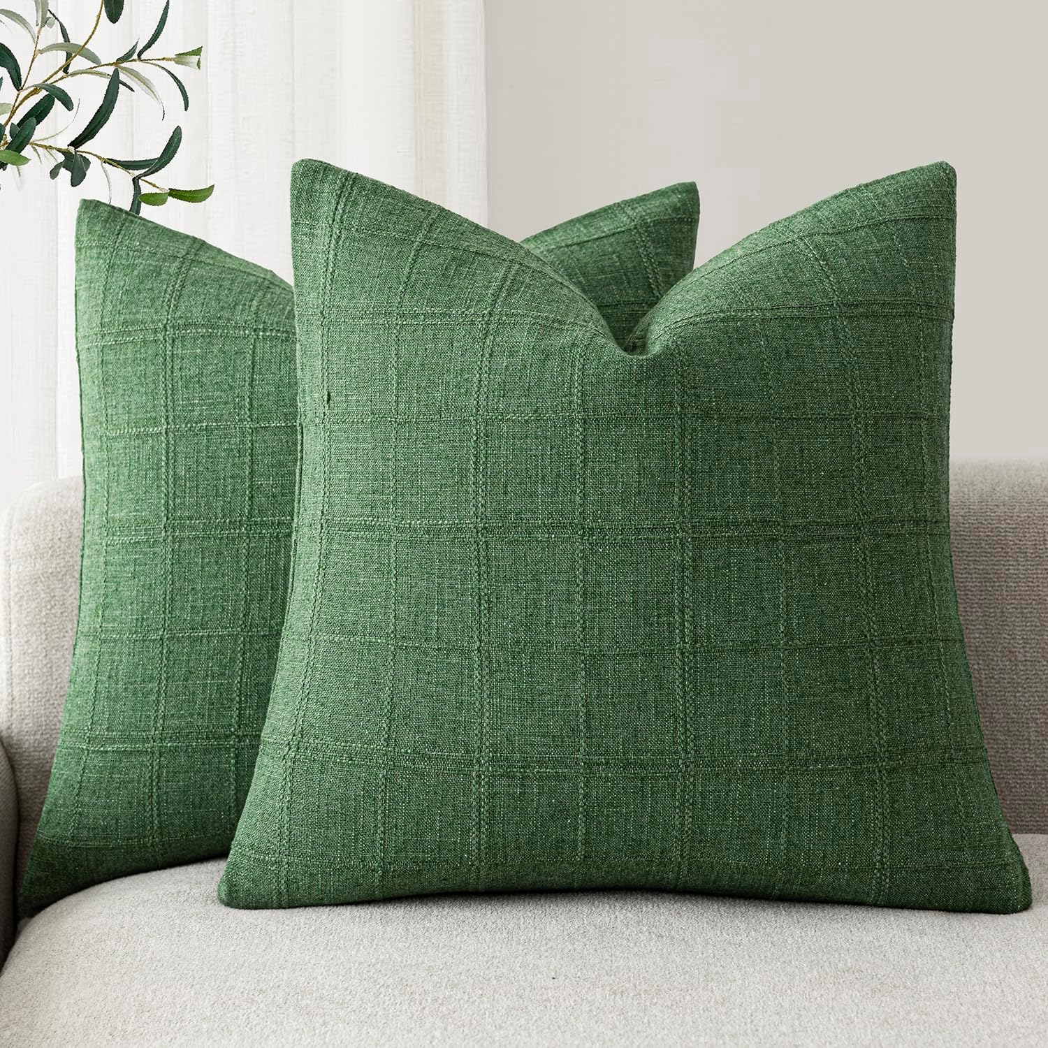 Foindtower Set of 2 Decorative Linen Check Throw Pillow Covers Neutral Farmhouse Vintage Cushion Covers Modern Boho Home Decor for Sofa Chair Couch Bedroom Living Room,18×18 Inch,Natural Beige