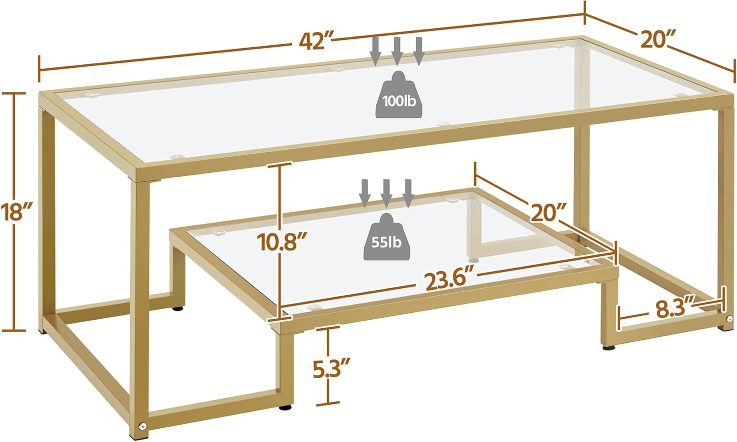 Yaheetech Gold Coffee Table, 42" Rectangular Glass Coffee Table for Living Room, 2-Tier Living Room Tables with Storage Center Tea Tables with Metal Frame for Small Space, Apartment, Office