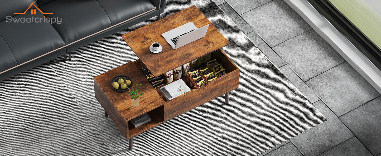 Sweetcrispy Lift Top Coffee Tables for Living Room, Small Rising Wooden Center Tables with Storage Shelf and Hidden Compartment, Brown | Lift Top, Coffee Tables, for Living Room, Rising, Dining Center Tables, with Storage Shelf