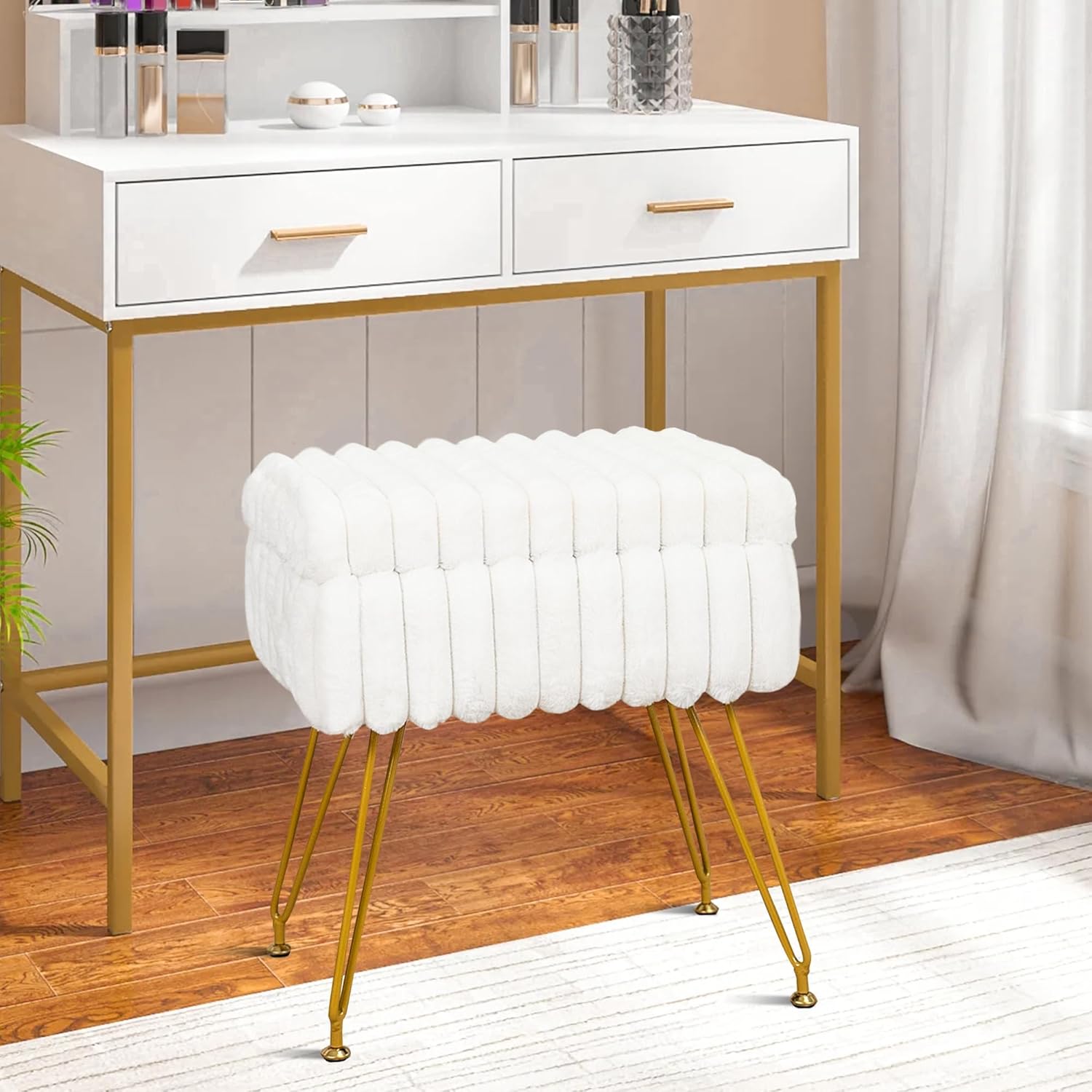 Faux Fur White Vanity Stool Chair with Storage Ottoman, Vanity Chair for Makeup Room, Vanity Stools for Bedroom, Footrest with Metal Legs and as a Coffee Table, White