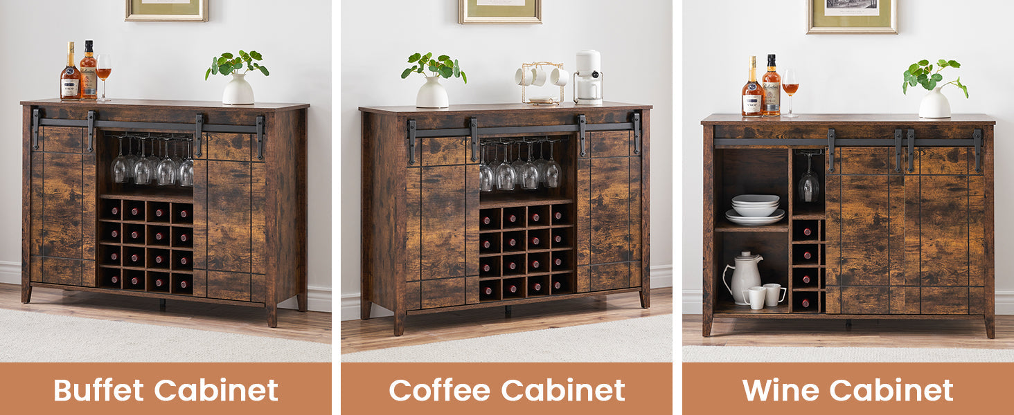 GAOMON Farmhouse Coffee Bar Cabinet 47", Buffet Cabinet with Sliding Barn Door, Coffee Bar with 4 Glass Hooks and 16 Wine Racks for Kitchen, Dining and Living Room, White