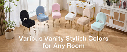 White Vanity Chair with Storage, Folding Back Faux Fur Vanity Stool, Makeup Ottoman with Gold Legs for Bedroom/Bathroom
