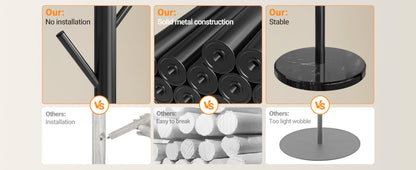 Coat Rack Freestanding with Natural Marble Base, Metal Coat Rack Stand with 10 Hooks, 3 Adjustable Size Coat Tree for Bags, Clothes, and Hats for Entryway, Bedroom, Hallway, Office, Black