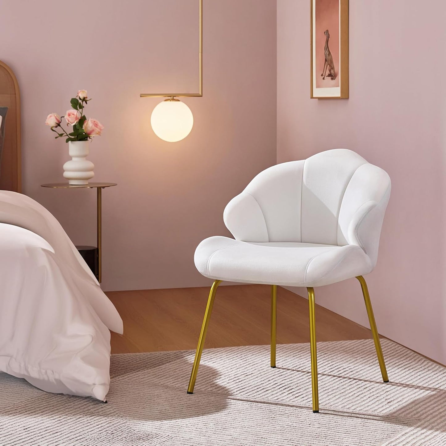 Vanity Chair, Velvet Accent Chair with Shell-Shaped Backrest, Modern Armchair with Gold Metal Legs for Dressing Room/Bedroom/Living Room, White