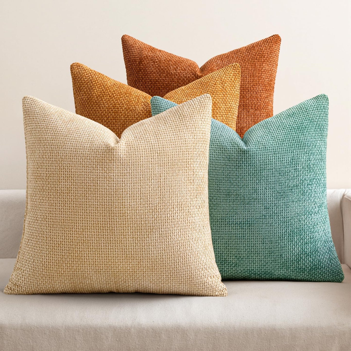 Pack of 4 Couch Throw Pillow Covers 18x18 Inch Neutral Soft Decorative Chenille Pillow Covers Farmhouse Boho Cushion Covers for Mid Century Modern Spring Home Decor Sofa Bedroom Living Room