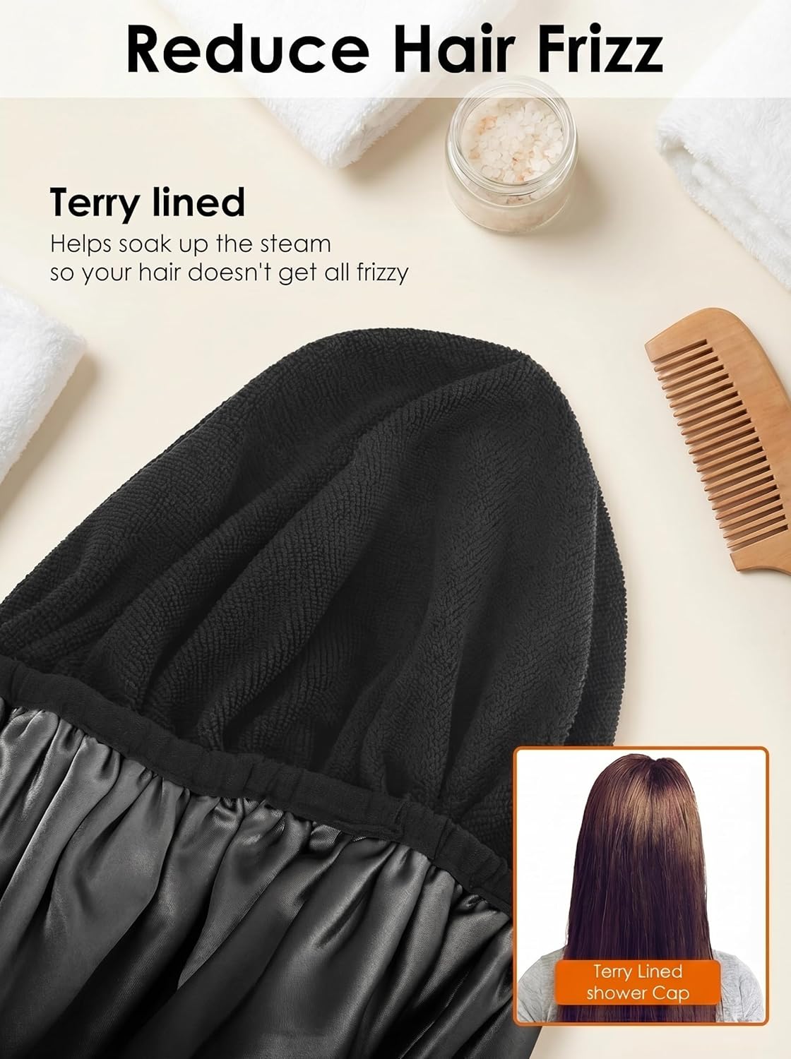 Shower Cap,Terry Lined Shower Cap for Women Reusable, Triple Layer Waterproof Bath Cap, Extra Large for Women Long Hair(Black)