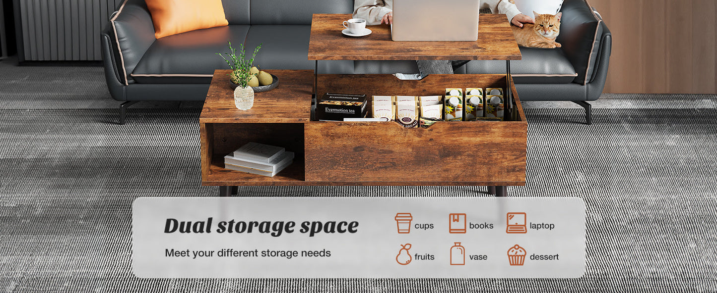 Sweetcrispy Lift Top Coffee Tables for Living Room, Small Rising Wooden Center Tables with Storage Shelf and Hidden Compartment, Brown | Lift Top, Coffee Tables, for Living Room, Rising, Dining Center Tables, with Storage Shelf