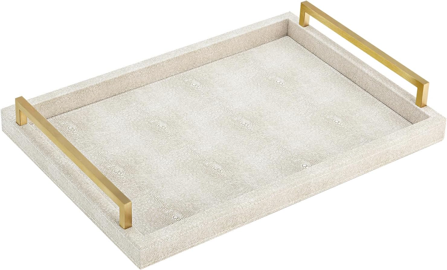Ivory Shagreen Decorative Tray Large Rectangle Coffee Table Tray for Ottoman Faux Leather Serving Tray with Brushed Gold Handles
