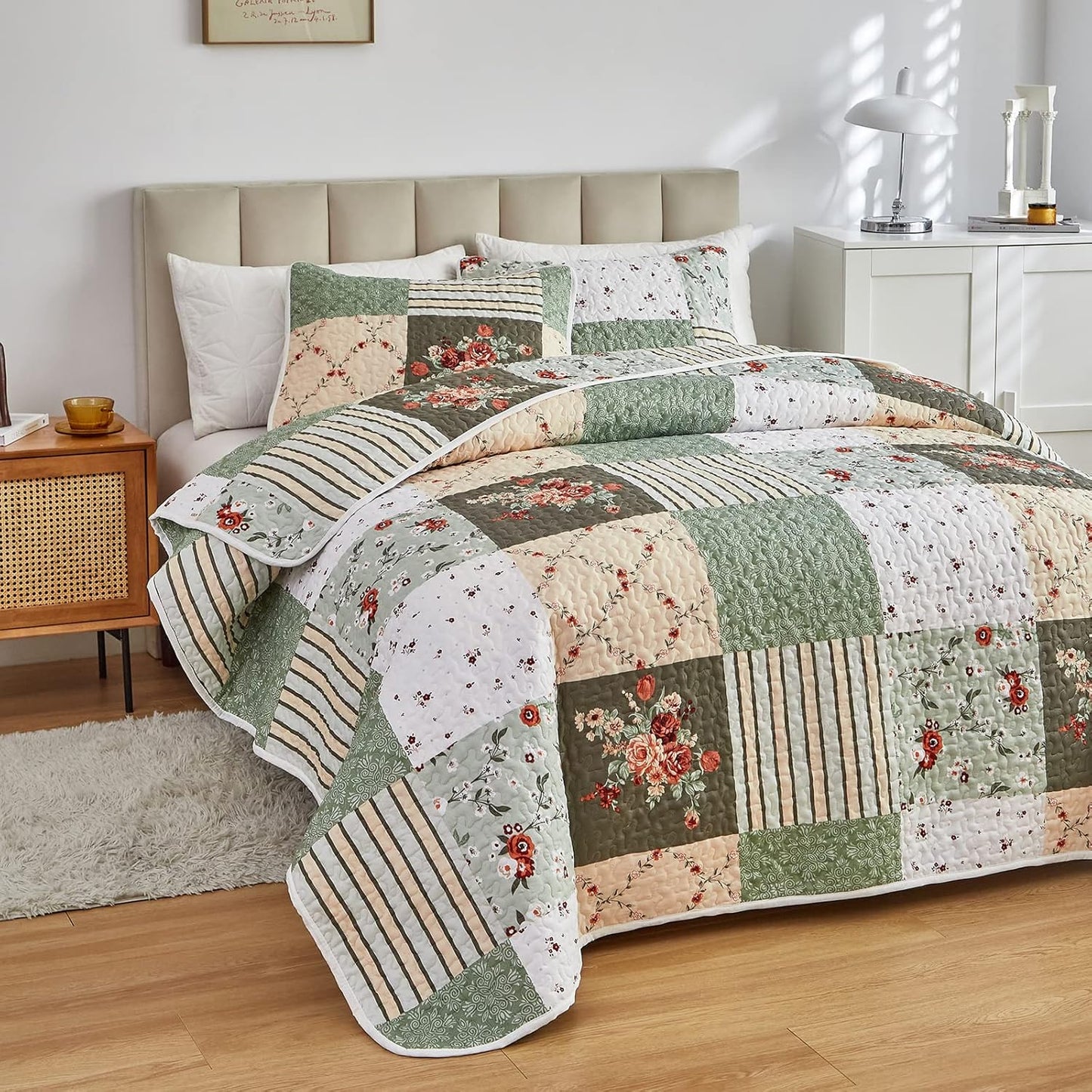 Quilt Set Full/Queen Size, 3 Pieces Green Floral Plaid Summer Bedspread Coverlet Set, Soft Microfiber Reversible Lightweight Bed Cover for All Season (90" x 90", 1 Quilt+ 2 Pillow Shams)
