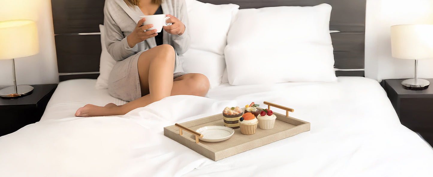 Modern Decorative Tray Set of 2 Ivory Shagreen Leather and Wood Serving Tray with Gold Polished Metal Handles for Ottoman, Coffee Table, Bathroom and More