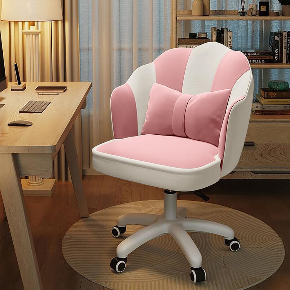 Chair with Bow Cushion Velvet Vanity Chair with Wheels, Upholstered Home Office Chair for Girls Women, Mid-Back Swivel Computer Task Chairs for Living Room Bedroom