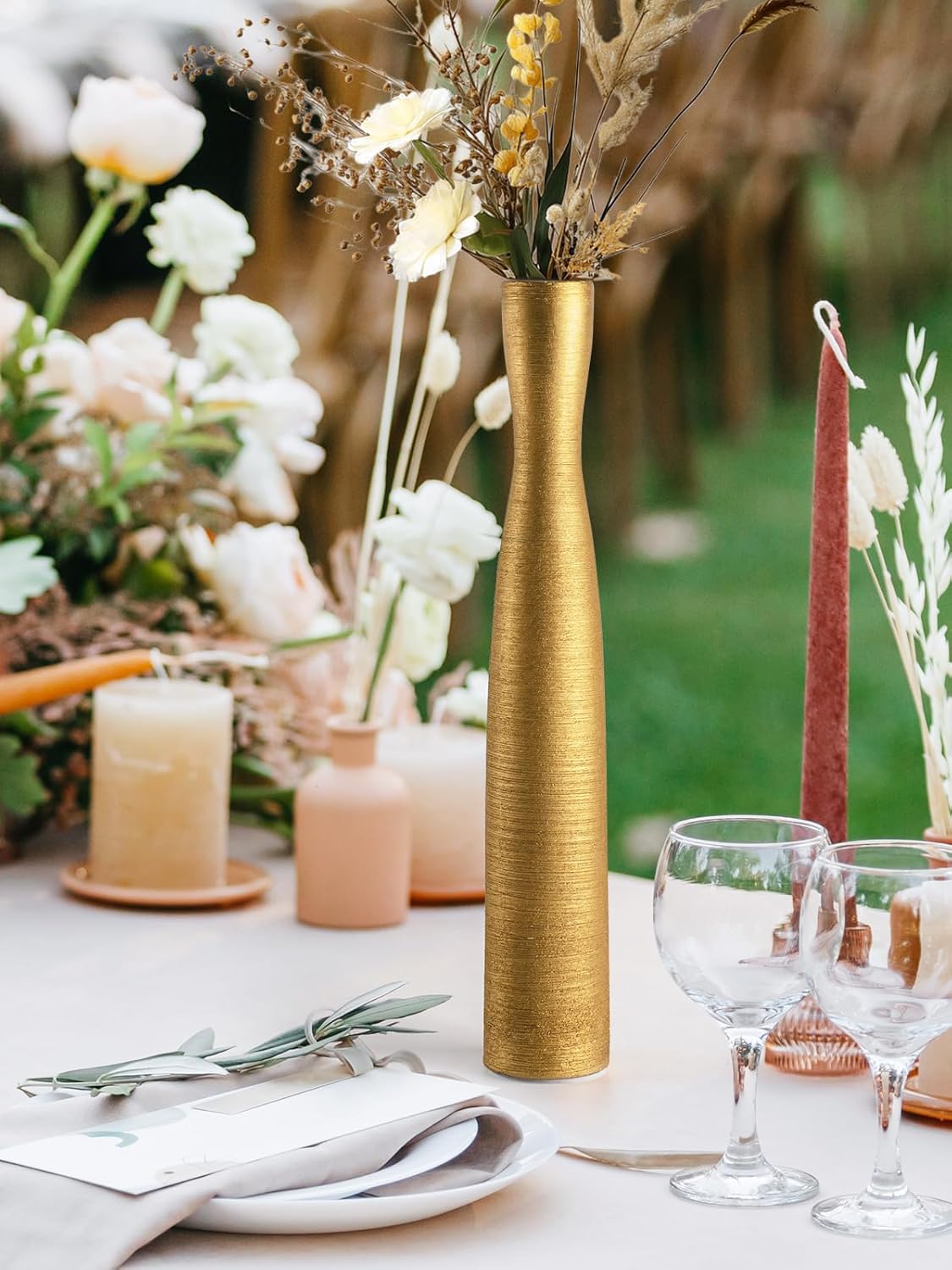 Tall Gold Vase, 16.5 Inch Skinny Flower Vases, Handmade Ceramic Vase Modern Minimalist Style for Living Room,Home,Office,Centerpiece,Table,Wedding Party