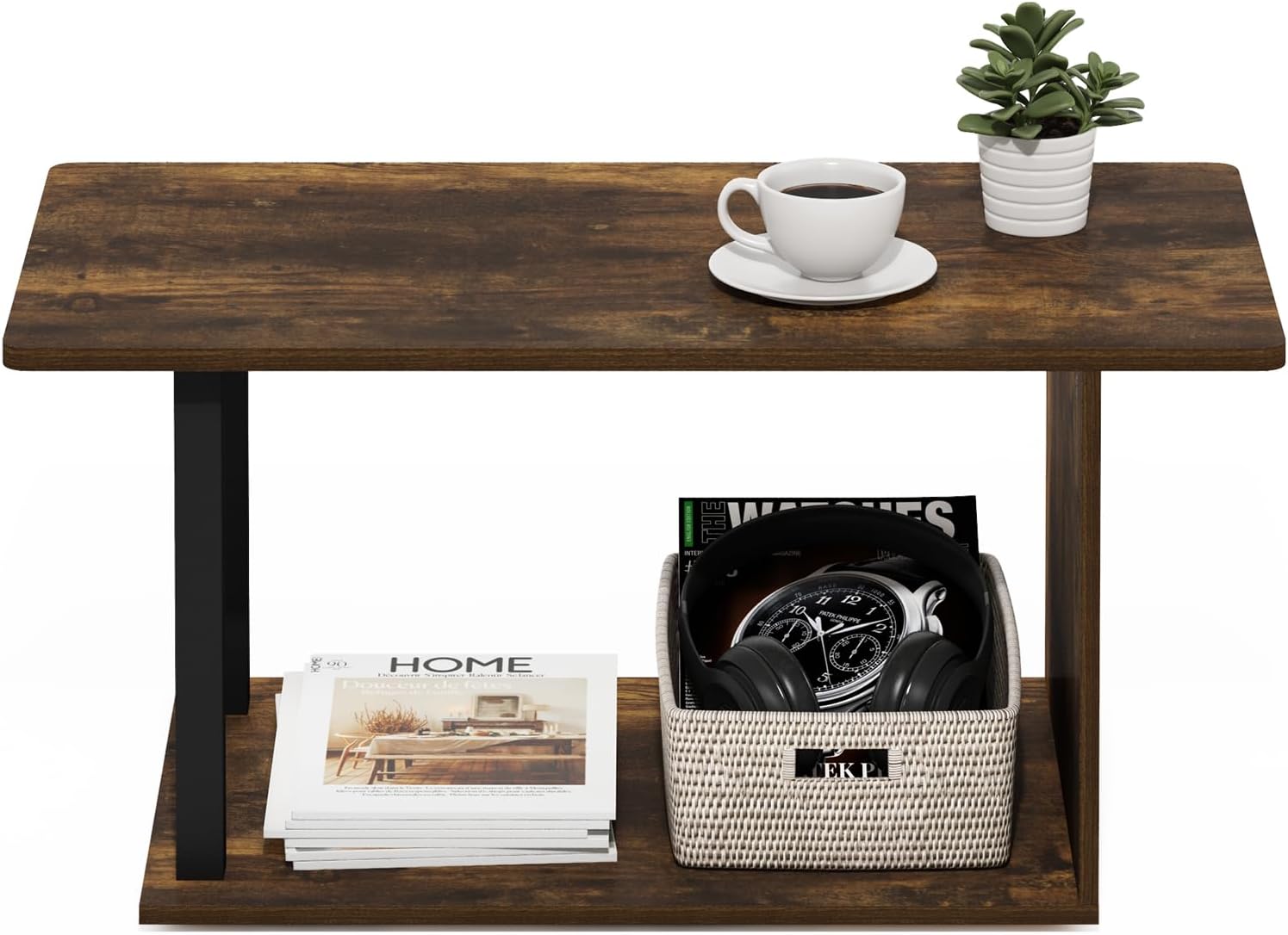 Furinno Basic Coffee Table, 2-Tier Modern Coffee Table with Open Shelf, Easy Assembly Side Table, for Living Room, Bedroom, Home Office, Amber Oak