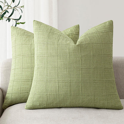 Foindtower Set of 2 Decorative Linen Check Throw Pillow Covers Neutral Farmhouse Vintage Cushion Covers Modern Boho Home Decor for Sofa Chair Couch Bedroom Living Room,18×18 Inch,Natural Beige