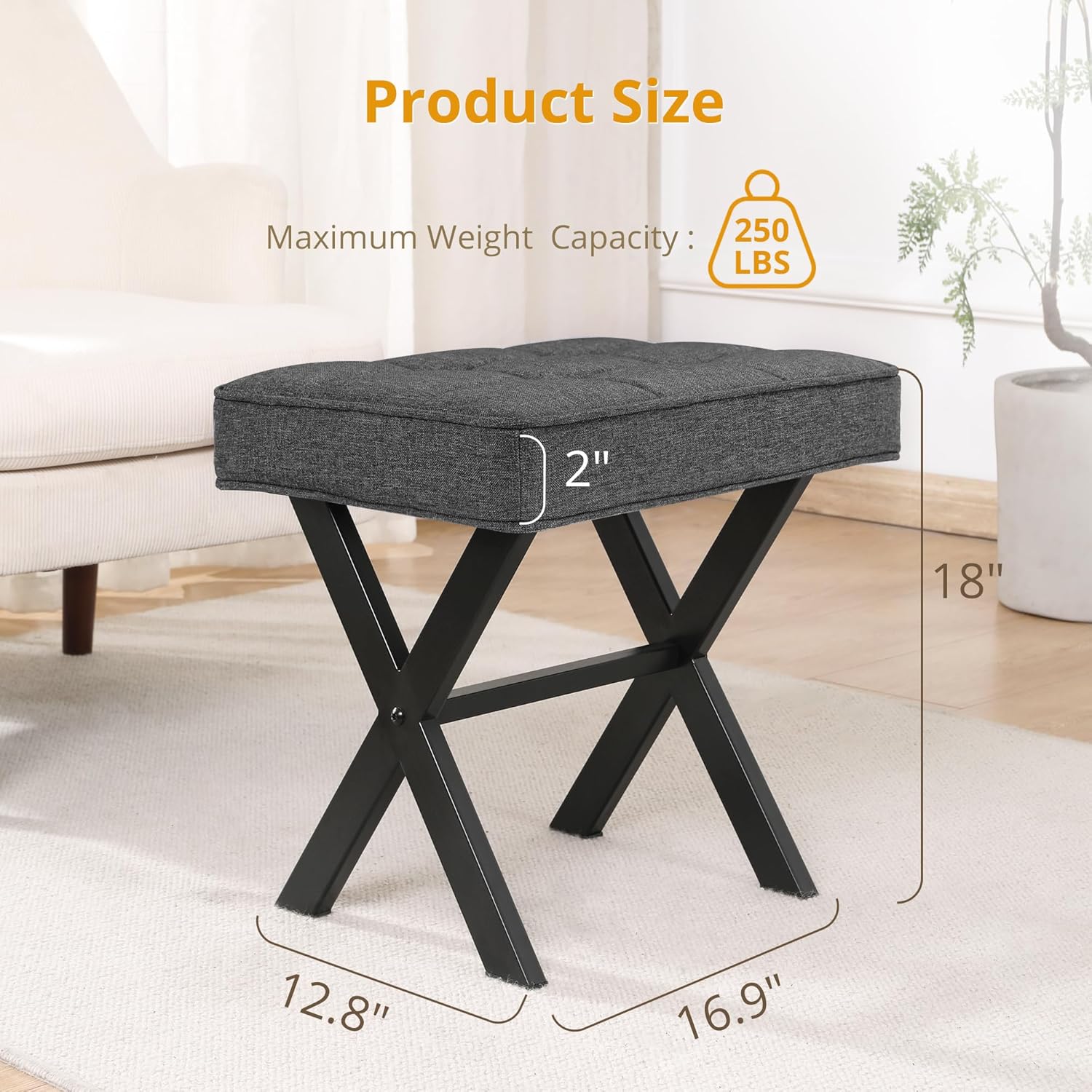 Vanity Stool, Square Linen Makeup Stool with Metal X Legs, Small Ottoman Stool Chair for Vanity, Modern Padded Vanity Seat Foot Rest Stool for Makeup Room, Living Room, Bathroom, Carbon Gray